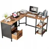 An L-shaped corner computer desk with a rustic, industrial design, featuring a wooden top and black metal legs, along with integrated shelving and a drawer. Produktbild-Vorschau