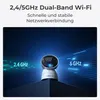 A security camera is shown with glowing lines representing Wi-Fi signals. Produktbild-Vorschau