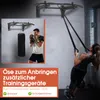A collage showing a wall-mounted pull-up bar with a person using it for suspension training and another person boxing next to a punching bag attached to the same bar. Produktbild-Vorschau