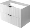 A white bathroom vanity cabinet with two drawers and black handles. Produktbild-Vorschau