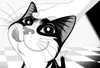 A cartoon illustration of a black and white cat being petted by a hand. Produktbild-Vorschau