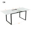 A white marble-patterned extendable dining table with black metal legs, shown with dimensions indicated by orange lines and numbers. Produktbild-Vorschau