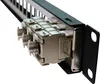 Close-up view of a network patch panel with multiple RJ45 connectors. Produktbild-Vorschau