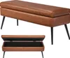 A brown faux leather storage bench with black metal legs is shown from two angles: one showing the bench closed and the other showing it open to reveal the storage compartment. Náhľad obrázku produktu