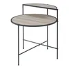 A two-tiered side table with a round top and a semi-circular top shelf, both with a wood-grain finish and black metal frame, isolated on a white background. Anteprima dell’immagine prodotto