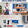 A split image showing a plumber in the top half and the electronic water descaler system installed in the bottom half. Produktbild-Vorschau