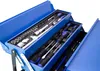 A blue metal toolbox with multiple compartments filled with various tools, including sockets, wrenches, and screwdrivers. Produktbild-Vorschau