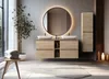A modern bathroom vanity with two sinks, a large round mirror with backlighting, and a tall storage cabinet. Náhled obrázku produktu