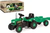A green pedal tractor with a trailer, shown next to its packaging. Produktbild-Vorschau