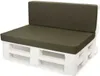A two-seater sofa made from white wooden pallets with dark green cushions.