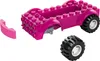 A pink LEGO car chassis with one wheel detached and another wheel attached. Produktbild-Vorschau