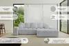A light gray sectional sofa is shown in a modern living room setting with large windows and sheer curtains. Produktbild-Vorschau