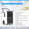 A commercial dehumidifier is shown with its dimensions and specifications displayed on the right side, set against a blurred background of a warehouse. Produktbild-Vorschau