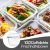 Several glass food containers filled with meals are arranged on a light gray surface. A close-up of one container with a blue lid is in the bottom left corner. Text is overlaid on the bottom right. Anteprima dell’immagine prodotto