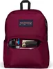 A burgundy Jansport backpack with its front pocket open, showing some items inside. Náhľad obrázku produktu