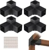 Four black metal corner connectors for wooden beams are displayed on a white background, along with a pile of screws. A separate image shows one connector installed on wooden beams. Anteprima dell’immagine prodotto