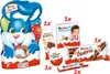 A collection of Kinder chocolate products arranged around a large Kinder Easter bunny-themed container. Produktbild-Vorschau