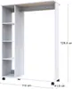 A white wardrobe organizer with shelves and a hanging rod, shown from the front with dimensions indicated. Produktbild-Vorschau
