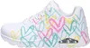 A side view of a white Skechers sneaker with a colorful heart pattern. Produktbild-Vorschau