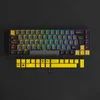 A mechanical keyboard and its keycaps are displayed on a black surface. Produktbild-Vorschau