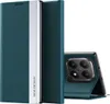 A teal flip case for a smartphone is shown, partially open, revealing the phone's camera array. Produktbild-Vorschau