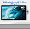 A television displaying a wave image, with text overlays and a DVD disc. The television is placed on a shelf. Produktbild-Vorschau