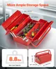 A red metal toolbox is open, displaying various tools and dimensions. Below are two smaller images: one showing a weight capacity icon, and another showing a closed toolbox with dimensions. Podgląd zdjęcia produktu