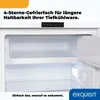 Interior view of a white refrigerator with shelves and an open door, showing a control panel and text overlays. Produktbild-Vorschau