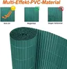A rolled-up green PVC privacy screen is shown, with three smaller images above illustrating its features: UV protection, rain resistance, and mold resistance. Produktbild-Vorschau