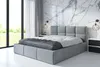 A modern bedroom with a gray upholstered bed, marble wall, and large window. Produktbild-Vorschau