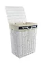 A white wicker laundry basket with a beige liner and navy trim, shown with its lid open. Náhled obrázku produktu