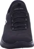 A close-up, front-facing view of a black Skechers sneaker. Voir les images du produit
