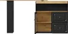 A side view of a black and wood sideboard cabinet with one door open, revealing shelves, and two drawers. Voir les images du produit