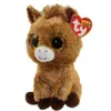 A plush toy horse with large, glittery eyes and a red heart-shaped tag attached to its ear. Produktbild-Vorschau