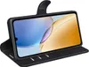 A black leather flip case for a smartphone is shown open, displaying the phone's screen. Produktbild-Vorschau
