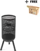 A black metal fire pit on a white background, with a box of wood labeled 'FREE' in the upper right corner. Produktbild-Vorschau