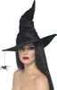 A woman wearing a witch hat with a spider hanging from it. Produktbild-Vorschau