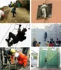 Collage of images showing people using rope ladders in various scenarios, including outdoor climbing, rescue training, and emergency drills. Produktbild-Vorschau