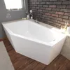 A modern bathroom with a white bathtub, brick wall, and wooden floor. Voir les images du produit