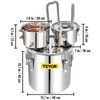 A stainless steel distillation apparatus with dimensions indicated by measurement lines and text. Náhled obrázku produktu