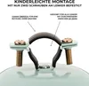 Close-up of a bicycle bell mount with text overlays explaining its features. Produktbild-Vorschau