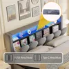 A bed with a headboard featuring shelves, books, and LED lighting, with a close-up inset of a charging port. Náhled obrázku produktu