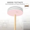 A smoke detector is shown being tested with a broom handle, with text indicating a large test button and no need for a kitchen ladder. A small inset image shows a broom. Produktbild-Vorschau