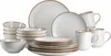 A collection of white ceramic dishes and mugs with brown rims, arranged on a white background. Produktbild-Vorschau