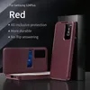 A red flip case for a Samsung S24 Plus phone is displayed, with text highlighting its features. Produktbild-Vorschau