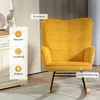 A yellow corduroy rocking chair is shown in a room setting with decorative elements and text overlays highlighting its features. Náhled obrázku produktu