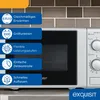 A close-up view of a white microwave oven with various feature callouts on blue background elements. Produktbild-Vorschau