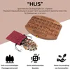 A wooden game board and a bag of stones are displayed with marketing text and icons. Náhled obrázku produktu