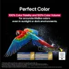 A parrot with vibrant colors is flying against a dark background with water splashes. Text overlays highlight 'Perfect Color' and '100% Color Fidelity and 100% Color Volume'. Podgląd zdjęcia produktu
