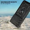 A black phone case with a ring holder and camera cover is shown in a snowy, outdoor environment. Produktbild-Vorschau